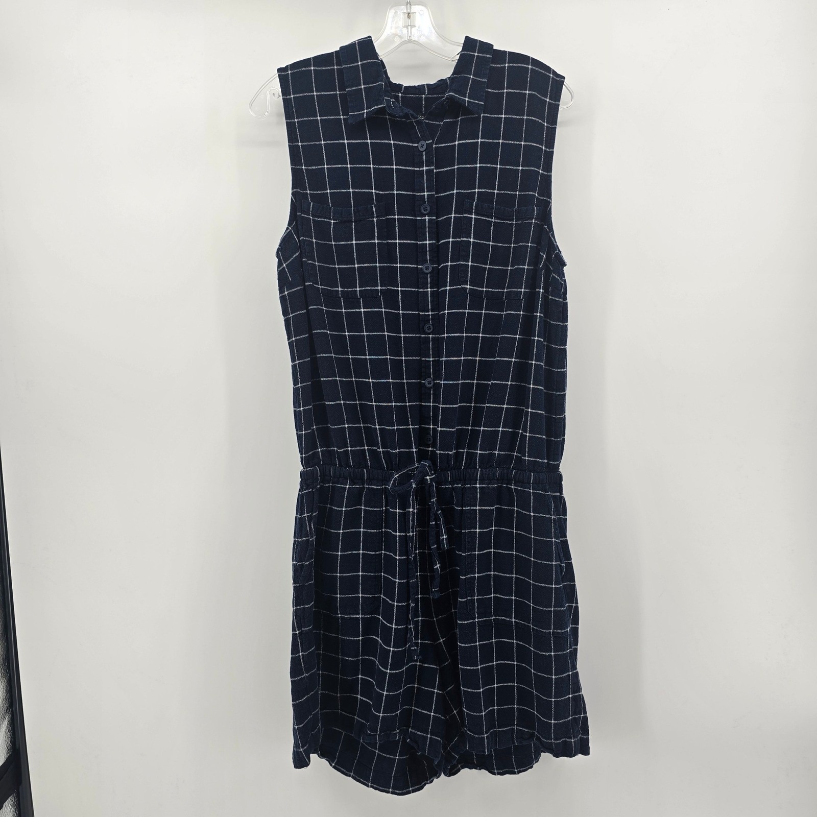 Ann Taylor Factory Romper Womens 14 Navy Grid Windowpane Sleeveless Tie Waist